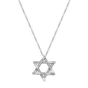 An image of a Rachel Koen brand necklace with diamonds designed for unisex adults. The necklace is displayed centrally with a front-facing view on a plain white background. A geometric star pendant, encrusted with multiple small round and baguette cut diamonds creating a sparkling effect, hangs from a white gold chain with round links. The pendant is positioned at a straight angle and the chain extends symmetrically from the top corners of the pendant, occupying the upper half of the image. The distance from the viewer is such that the entire necklace and pendant are in clear focus, showing intricate details and the reflective quality of the diamonds.