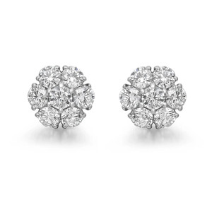An image of Rachel Koen brand women's earrings with diamonds, displayed frontally at a close distance. The earrings consist of multiple round-cut diamonds arranged in a clustered floral pattern, set in white gold, and are symmetrically positioned with even spacing on a white background.