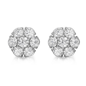 An image of a pair of Rachel Koen brand women's earrings with diamonds, displayed frontally at a close distance. The earrings feature a cluster of large, round-cut diamonds arranged in a symmetrical, floral-like pattern, set in a white gold setting, and shown against a white background. The view is head-on, allowing clear visibility of the sparkle and cut of the diamonds.