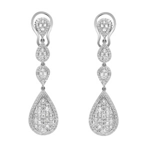 An image of a pair of Rachel Koen women's earrings with diamonds, presented in a symmetrical front-facing view on a neutral background. Each earring features a cascading design with three connected segments: a small round diamond cluster at the top, two teardrop-shaped diamond set in the middle, and a larger teardrop-shaped diamond cluster at the bottom in white gold. The earrings are positioned parallel to each other at an equal distance, showcasing the intricate details and reflective surfaces of the diamonds.