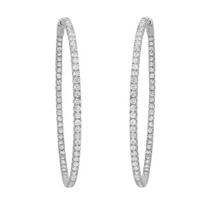 An image of a pair of Rachel Koen women's hoop earrings with diamonds, presented in a frontal view on a white background. The earrings are vertically aligned and equidistant from the viewer, showcasing a full circular shape in white gold with an uninterrupted line of sparkling round cut diamonds covering the entire visible surface.