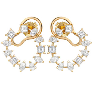 An image of a pair of Rachel Koen women's earrings with diamonds, displayed frontally at a close distance. The earrings feature a yellow gold setting with a combination of round and princess-cut diamonds arranged in a symmetrical design. The intricate pattern showcases the sparkling stones set at various angles to catch the light, with the larger diamonds positioned at the bottom for a dangling effect.