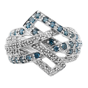 An image of a Rachel Koen women's cocktail ring with blue and white diamonds, displayed front and center. The ring features an intricate design with interlaced 10k white gold bands encrusted with small clear diamonds and accented with larger blue diamonds. The bands create a basket weave pattern, and the ring is photographed at a slight angle to show the three-dimensional aspect of the design. The image is a close-up, providing a detailed view of the gemstones and craftsmanship.