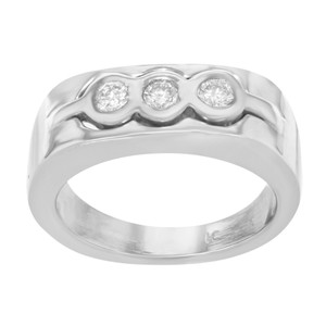 An image of a unisex adult ring by Rachel Koen, showcasing a front-facing view with a close-up angle. The ring features a polished 14k white gold band with a trio of round-cut diamonds set in a slightly curved indentation at the top center. The diamonds are equidistant from each other, and the band has a smooth, reflective surface.