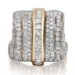 An image of a Rachel Koen women's ring with princess and round cut diamonds, displayed front and center at a close distance. The ring features multiple bands with a yellow gold, and is encrusted with rows of sparkling diamonds. The central yellow gold band stands out, flanked by the glittering diamonds set in the white gold bands at various angles, showcasing the ring's intricate design and luxurious appearance. The ring is pre-owned in an excellent condition.