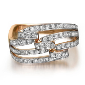 An image of a Rachel Koen women's cocktail square band ring with diamonds, viewed from a slightly elevated angle showcasing the intertwined bands. The ring features multiple rows of sparkling round cut diamonds set in a polished yellow gold. The diamonds are arranged in a pavé setting, providing a continuous glittering effect across the intertwined design. The image is taken at a close distance, highlighting the intricate details and luxurious finish of the jewelry.