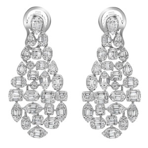 An image of a pair of Rachel Koen women's earrings with diamonds. The earrings are displayed in a frontal view, positioned symmetrically side by side with a white background. They feature a cascade of baguette and round shaped diamonds, meticulously arranged to form an elongated, elegant chandelier design. The earrings are shot from a close distance, providing a clear view of the intricate settings and the sparkling facets of each diamond.