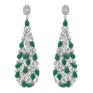An image of a pair of Rachel Koen brand women's earrings featuring a cascading design with alternating diamonds and green emerald gemstones. The earrings are displayed against a white background, facing forward, and are positioned symmetrically side by side. Each earring starts with a diamond-encrusted stud at the top, followed by a series of pear cut green gemstones and round diamonds arranged in a teardrop shape. The view is head-on and the earrings appear at a medium distance, allowing for clear visibility of the intricate details and sparkling stones.