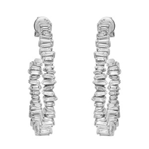 An image of a pair of Rachel Koen women's earrings with diamonds. The earrings are shown in a frontal view with a symmetrical composition, positioned vertically and equidistant from each other. Each earring features a series of rectangular baguette cut diamonds arranged inside out, with each stone set in a manner that allows for maximum visibility of its facets. The earrings are set against a white background, emphasizing their sparkle and clarity.