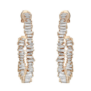 An image of a pair of Rachel Koen women's earrings with diamonds, showcased in a frontal view against a white background. The earrings feature multiple baguette-cut diamonds arranged inside out in a vertical line, set in yellow gold metal. The earrings are positioned parallel to each other, at an equal distance from the center, giving a clear and symmetrical view of their design.