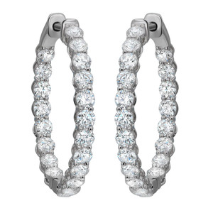 An image of a pair of Rachel Koen women's hoop earrings with lab grown diamonds, displayed frontally and at a close distance. The earrings are composed of numerous round-cut diamonds set inside out in a polished white gold metal, forming a full circle. The intricate design showcases the brilliance and sparkle of the diamonds from multiple angles.