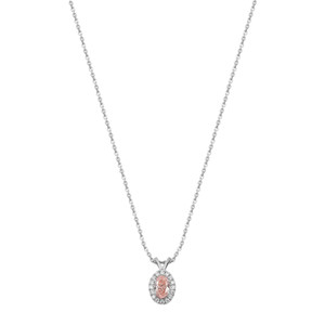 An image of a Rachel Koen women's necklace with lab grown diamonds, featuring a delicate chain with a centre pendant. The pendant showcases a pink-hued lab grown diamond encircled by smaller clear lab grown diamonds, creating a halo effect. The necklace is photographed in a straight-on view against a white background, with the pendant centrally positioned and the white gold chain extending symmetrically on both sides. The image is taken from a close-up angle, providing a clear view of the diamonds' sparkle and the intricate setting details.
