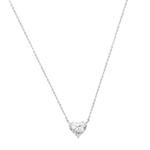An image of a Rachel Koen women's necklace with lab grown diamonds, showcasing a prominent heart-shaped diamond pendant at the center. The necklace is photographed from a frontal view at a close distance, with the white gold chain displayed in a symmetrical V-shape, leading the eye to the sparkling diamond at the convergence point. The angle of the photograph highlights the facets of the diamond, allowing it to catch the light and show its brilliance.