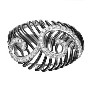 An image of a Rachel Koen women's cocktail ring with round diamonds, displayed in a close-up frontal view that highlights the intricate design. The ring features a series of polished, intertwining black rhodium bands, with a selection of bands embellished with small, sparkling diamonds arranged in a swirl pattern that captures and reflects light. The ring is photographed against a white background, emphasizing its contrast and detail.