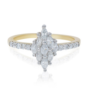 An image of a Rachel Koen women's ring with diamonds, positioned centrally and viewed from a front angle. The ring features a cluster of sparkling diamonds set in a symmetrical floral pattern atop a polished yellow gold band, with additional diamonds encrusting the band's shoulders. The image is taken from a close, yet comfortable distance that highlights the ring's intricate design and the brilliance of the diamonds.