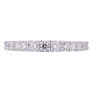 An image of a Rachel Koen brand wedding band for women, showcasing a continuous row of sparkling diamonds set in a straight line on a white gold band. The ring is presented in a frontal view at a close distance, with a focus on the diamonds' arrangement and the shiny metal band, allowing for the intricate details and the brilliance of the stones to be clearly visible. The angle is direct and head-on, emphasizing the ring's symmetry and the uniformity of the diamonds.