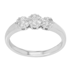 An image of a women's Rachel Koen brand ring with diamonds, centered and viewed from a top-down angle. The ring features a polished white gold band with three prominent clusters of diamonds set close together on the top, each resembling a flower. The image is taken from a close distance, highlighting the reflective facets of the diamonds and the smooth finish of the metal band.