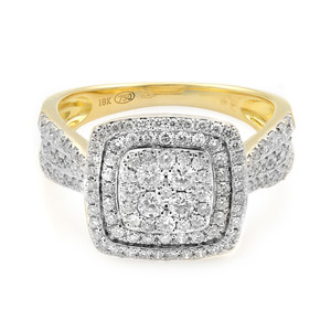 An image of a Rachel Koen women's engagement ring with diamonds, presented in a close-up view that fills the frame. The ring features a central square-shaped cluster of diamonds set in yellow gold, surrounded by a diamond pavé halo. The band angled slightly to the right, highlighting the 18K stamp inside the band. The diamonds catch the light, emphasizing their sparkle and the intricate setting.