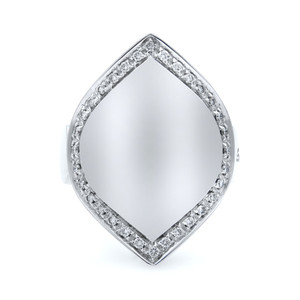 An image of a Salvini brand women's cocktail 18k white gold ring with diamonds, presented in a close-up front view. The ring features a large, centrally positioned, kite-shaped bezel set with multiple sparkling diamonds along its perimeter. The ring is angled slightly to the left, giving a three-dimensional perspective that highlights the stones' brilliance against the white background. The image is taken from a medium distance, ensuring the entire ring is in focus and capturing the exquisite details of the diamond setting.