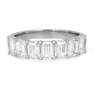 An image of a Rachel Koen women's ring with lab grown diamonds, presented in a close-up side view showcasing a white gold band set halfway with lab grown diamonds. The ring features emerald-cut diamonds, neatly set edge-to-edge in a white gold band, reflecting light from various angles. The craftsmanship highlights a luxurious and elegant design, with the ring centrally positioned and occupying a majority of the frame for a clear and detailed view.