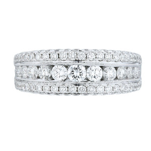 An image of a Rachel Koen brand women's wedding band with diamonds, displayed head-on. The ring features multiple rows of sparkling round-cut diamonds, with the central row showcasing larger stones, all set in a precious 18k white gold band. The product is captured in high resolution from a front-facing angle, providing a clear view of the intricate details and the ring's reflective surfaces.