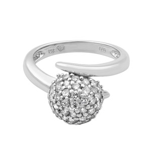 An image of a Rachel Koen women's ring with diamonds, displayed in a close-up, side angle view. The band is smooth and polished 14k white gold, curving slightly to one side. A large, spherical cluster of small, sparkling diamonds sits atop the band, with the diamonds densely packed to form a glittering orb. The image is on a white background, emphasizing the ring's shine and the diamonds' brilliance.