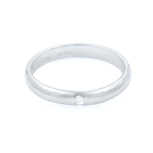 An image of a Salvini women's wedding band with diamond, displayed against a white background. The ring is shown in a frontal view, with the platinum band slightly angled to reveal the interior inscription "Salvini" and the hallmark "750 ATINO". A single diamond is set flush in the center of the band, facing directly forward. The photograph is taken from a close distance, providing a clear view of the ring's details and craftsmanship. The ring is pre-owned in great condition.