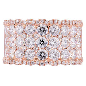 An image of a luxurious Rachel Koen women's ring with diamonds. The ring is presented in a close-up view, showcasing its intricate design with multiple gleaming diamonds set in a rose gold band. The diamonds are arranged in neat rows, reflecting light from various angles to emphasize their sparkle and the ring's detailed craftsmanship. The camera angle is direct and head-on, capturing the ring's full width and allowing for a clear view of its pattern and the individual stones. The distance is close enough to reveal the facets of the diamonds and the textured gold setting, with a focus on the ring's opulent appearance.