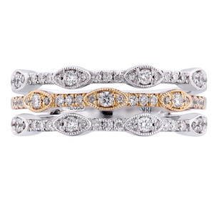 An image of a Rachel Koen women's ring with diamonds, showcasing three stacked bands with intricate designs. The rings are aligned horizontally and displayed at a direct, frontal angle, occupying the central portion of the frame with a close-up view. The top and bottom bands are crafted in white gold metal, featuring round and marquise-shaped settings with sparkling diamonds. The middle band contrasts with a yellow gold metal, similarly adorned with diamonds in matching settings. The detailed work and the diamonds' brilliance are clear and focused, set against a neutral background.