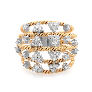 An image of a Rachel Koen brand women's cocktail ring with diamonds, displayed in a close-up front view. The ring features multiple intertwined rose gold bands with a twisted rope design, accented by several clusters of round and cushion-cut diamonds set in white gold mounts. The diamonds are arranged in a symmetrical pattern around the ring, with the camera positioned directly above the ring to capture the intricate details and the contrast between the gold bands and sparkling diamonds.