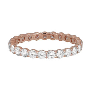 An image of a Rachel Koen women's ring with lab grown diamonds, displayed in a close-up front view against a white background. The rose gold band features a series of round, brilliant-cut diamonds set in a symmetrical pattern in prong setting around the entire circumference, showcasing the stones' sparkle and the metal's polished finish.