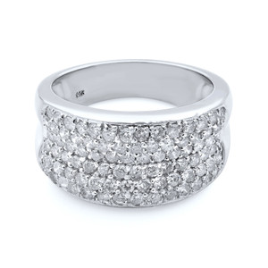 An image of a Rachel Koen women's ring with diamonds, showcased in a close-up frontal view against a white background. The ring features a wide band with multiple rows of sparkling pave-set round cut diamonds covering the top half, creating a textured and luxurious appearance. The white gold polished surface is visible along the bottom half and interior of the band, reflecting light and emphasizing the contrast with the brilliant diamonds. The angle of the photo provides a clear view of the ring's profile and the intricate details of the diamond setting.