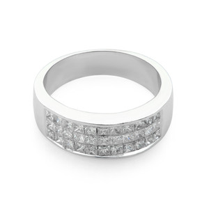 An image of a Rachel Koen women's ring with diamonds, centered and up-close with a frontal view against a white background. The ring features a broad, polished white gold band encircling the finger, with a row of sparkling princess-cut diamonds set around the circumference. The band's width and the size of the diamonds suggest a bold, luxurious style, while the ring's position and angle provide a clear view of the stones' facets and the ring's overall design.