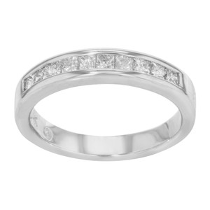 An image of a Rachel Koen brand women's wedding ring with diamonds, positioned centrally and viewed from a top angle, showcasing the princess cut diamonds set across the top half of the band. The ring is captured up close with a focus on the sparkling stones and the polished 14k white gold band, providing a clear view against a white background.