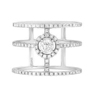 An image of a Rachel Koen brand women's ring with diamonds, displayed frontally at a close distance. The ring features a central round-cut diamond encircled by smaller diamonds in a halo setting, with additional diamonds encrusting the double bands and bridge, all captured in a clear, straight-on angle against a white background.The ring is pre-owned in a great condition.The ring is pre-owned in a great condition. 