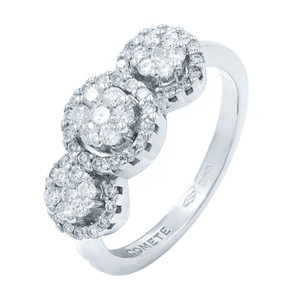 An image of a Rachel Koen brand women's engagement ring with diamonds, displayed at a slight angle with a close-up view. The ring features three prominent circular clusters of diamonds set in a shiny white gold band, facing the viewer to emphasize the sparkle and intricate setting of the stones. The band's interior is visible, showing the brand inscription.