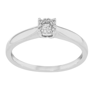 An image of a Bliss by Damiani women's engagement ring with diamond, shown in a close-up frontal view. The ring features a polished white gold band with a single round-cut diamond set in a raised mount at the center. The lighting highlights the diamond's facets and the smooth curves of the band.