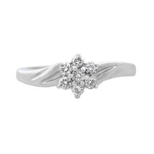 An image of a Rachel Koen women's ring with diamonds, showcased against a white background. The ring is viewed from above at a slight angle, emphasizing the cluster of sparkling diamonds set at the top. The intricate design features multiple round-cut diamonds of varying sizes, arranged in a flower-like pattern, with the largest diamond at the center. The band, made of polished white gold metal, twists gently around the finger, and the diamonds are positioned front and center, with a close-up perspective highlighting their brilliance and the ring's detailed craftsmanship. The ring is pre-owned in a great condition.