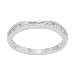 An image of a Rachel Koen brand women's weddingring with diamonds, displayed in a frontal view with a slight elevation showing the top and side of the band. The ring features a polished white gold band with a groove running across the top, where multiple baguette diamonds are channel-set across the front half. The diamonds are arranged in a straight line and catch the light, with the ring's shank visible on both sides. The background is a neutral white, ensuring the ring is the central focus and the details are clear from a medium distance.