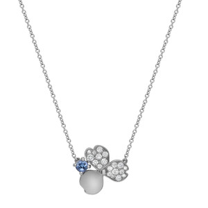 An image of a women's Tiffany & Co. necklace with diamonds, displayed frontally. The necklace features a delicate platinum chain with a center pendant composed of a flowers with two petals embellished with diamonds and one blue tanzanite gemstone at the center, against a white background. The pendant is presented at a straight-on angle and positioned centrally, offering a clear view of its intricate design and sparkling stones. The image is taken from a medium distance, allowing the entire necklace to be visible.
