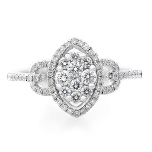 An image of a Rachel Koen brand women's ring with diamonds, displayed in a direct top-down view. The ring features a central diamond cluster surrounded by a halo of smaller diamonds, set in a white gold band encrusted with diamonds along its length. The design creates a sparkling marquise shape. The focus is sharp, capturing the ring's intricate details and the light reflecting off the gemstones, and the background is a pure white, emphasizing the ring's brilliance. The distance is such that the ring fills the frame, allowing for close examination of its craftsmanship.