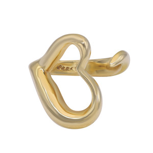 An image of a Tiffany & Co. women's ring without stones, presented at a 45-degree angle to show the band's curvature and detail. The polished yellow gold ring features a unique twisted design, resembling with one with heart shape design. The Tiffany & Co. hallmark is visible on the inner band, and the ring is centered in the frame with a close-up view against a white background.