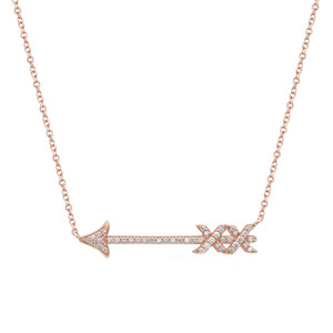 An image of a Tiffany & Co. women's necklace with diamonds, displayed against a white background. The necklace features a delicate rose gold chain with a horizontal bar centerpiece adorned with sparkling pave set round cut diamonds. The bar has a symmetrical design with a diamond-studded two X-shape motifs at one side, flanked by a outward-pointing, diamond-encrusted arrow. The necklace is shown in a close-up frontal view, capturing the intricate details and the shimmer of the diamonds.