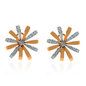 An image of a pair of new Luca Carati women's earrings with diamonds, displayed frontally at a close distance. The earrings feature a rose gold flower petals, with alternating white gold diamond-encrusted petals. The central diamond is prominently set at the heart of each earring. The photo captures the earrings against a white background, highlighting their sparkle and intricate detailing.