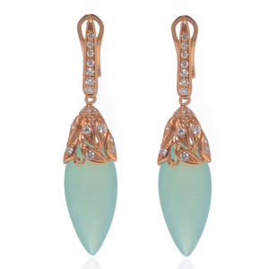 An image of a pair of new Luca Carati women's earrings featuring an elegant design with diamonds and Chalcedony gemstones. The earrings are presented in a frontal view against a white background. Each earring has a rose gold lever-back closure, adorned with a vertical row of small, round-cut diamonds. Below the closure is an intricate rose gold floral motif with embedded diamonds, leading to a large, teardrop-shaped Chalcedony gemstone with a smooth, polished finish. The gemstone has a gentle green hue. The earrings are captured from a straight-on angle, ensuring both earrings are fully visible and symmetrically aligned, showcasing the craftsmanship and luxurious details.