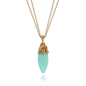 An image of a new Luca Carati women's necklace with diamonds and gemstones, displayed against a white background. The necklace features a double yellow gold chain with a teardrop-shaped, aqua-colored Chalcedony gemstone pendant. The pendant has a round diamond-encrusted yellow gold cap in an intricate design, suggesting leaves or petals. The image is taken from a front-facing angle at eye level, showcasing the necklace in full detail with a focus on the pendant.