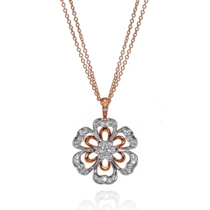 An image of a new Luca Carati women's necklace with diamonds, showcasing a rose gold double chain leading to a floral pendant. The pendant, prominently displayed in the center at a front-facing angle, features rose gold petals alternating with white gold petals encrusted with diamonds, all centered around a larger diamonds. The necklace is photographed against a white background, and the image is taken from a medium distance, allowing for a clear view of the intricate details and sparkling gems.