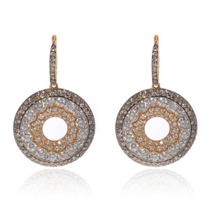 An image of a pair of new Luca Carati women's earrings with diamonds, displayed frontally and centered against a white background. The earrings feature a concentric circle design with a diamond studded hinge hook at the top for wearing. White and brown color round cut diamonds are set in a pattern that creates a sparkling effect with different shades, reflecting light from various angles in yellow gold. The earrings are shown at a close distance, providing a clear view of the intricate details and the glittering diamonds.