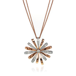 An image of a new Luca Carati women's necklace with diamonds, featuring a rose gold pendant with a floral design, adorned with alternating sparkling round cut diamonds on white gold petals with smooth rose gold petals. The pendant is centrally positioned and hangs gracefully from a rose gold chain, displayed at a straight-on angle against a white background. The image is a close-up, capturing the intricate details and brilliance of the diamonds with a slight reflection visible below the necklace.