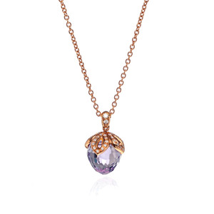 An image of a new Luca Carati women's necklace with diamonds and amethyst gemstones. The necklace features a rose gold chain at a straight-on angle with a close-up view. A large, faceted gemstone pendant suspends from the chain, with a diamond-encrusted bow-like adornment at the top. The background is white, emphasizing the jewelry's colors and sparkle.